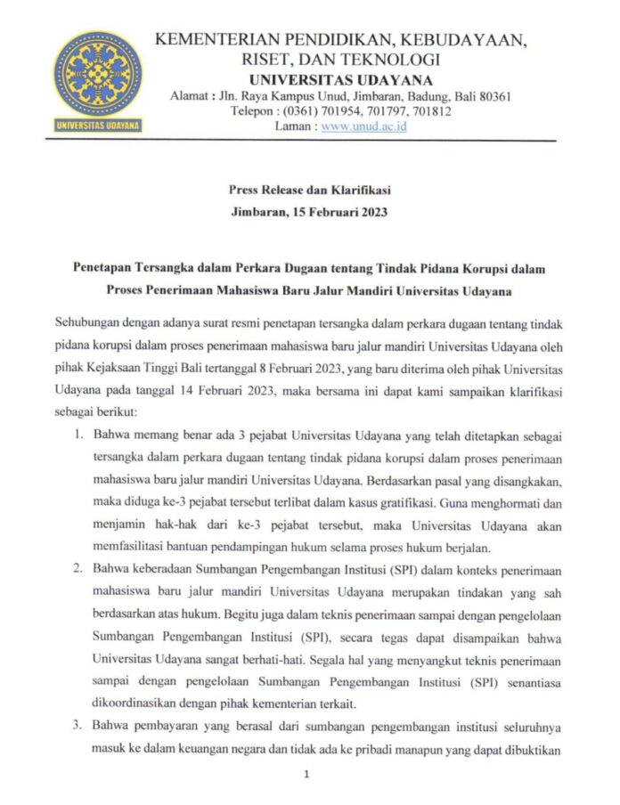 Penerimaan Mahasiswa Baru Universitas Udayana Jalur Mandiri