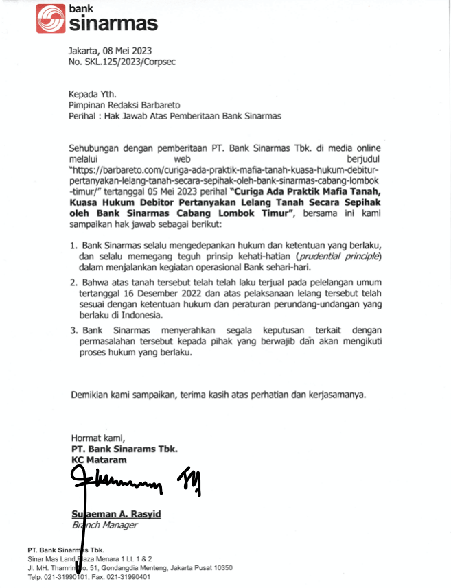 Hak Jawab Bank Sinarmas atas Pemberitaan di Media BARBARETO